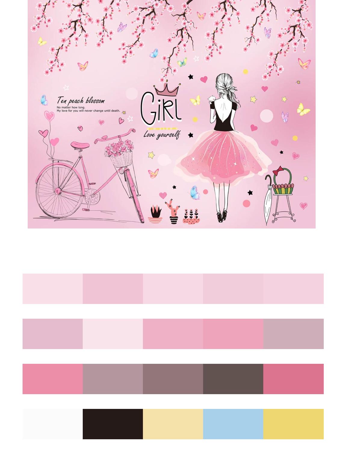Девочка с велосипедом на розовом фоне цвета