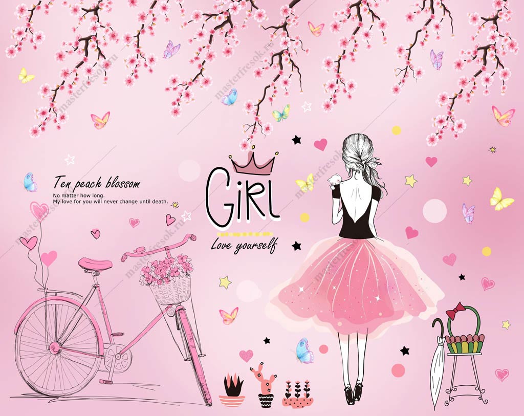 Фотообои Девочка с велосипедом на розовом фоне