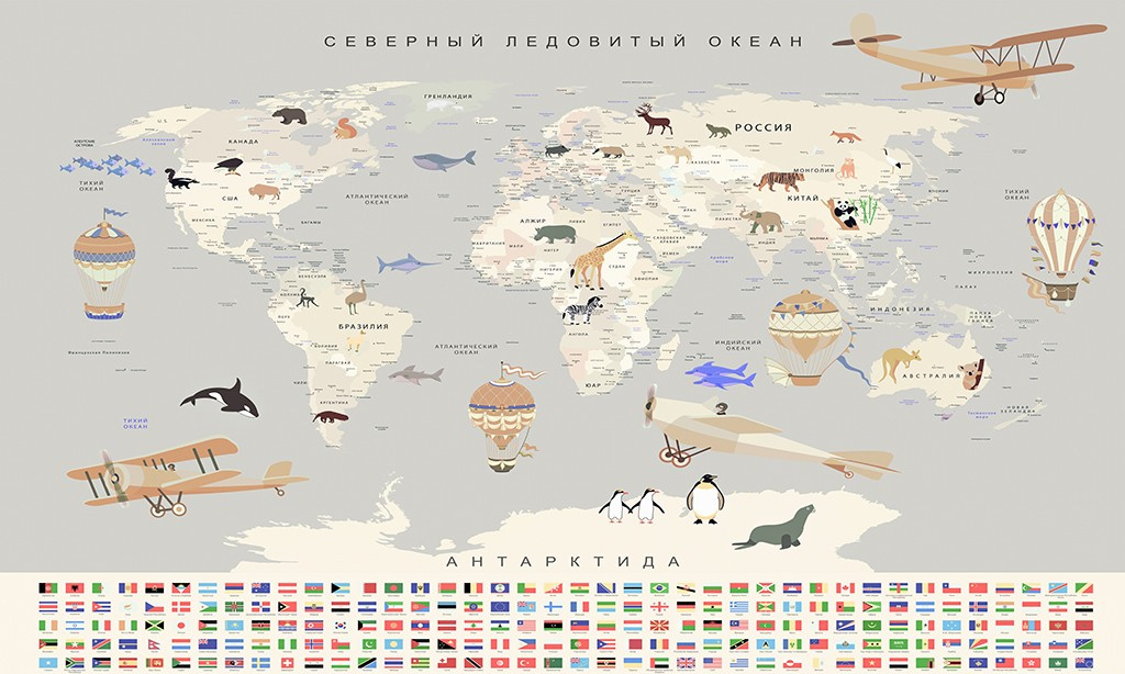 Фотообои Светлая карта с флагами и животными